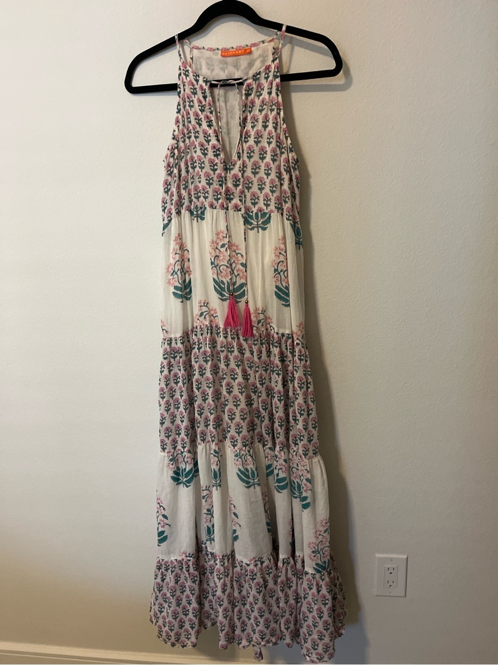 Oliphant XS Floral Block Print Cotton Tiered Maxi Dress Tassel Resort Boho - Picture 2 of 6